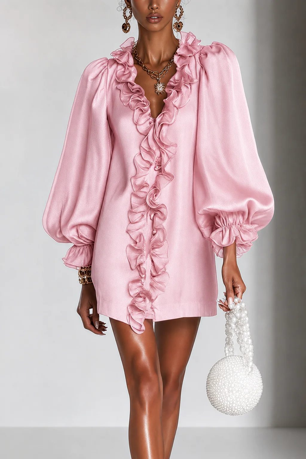 Valérie | Robe courte à encolure volantée et manches bouffantes