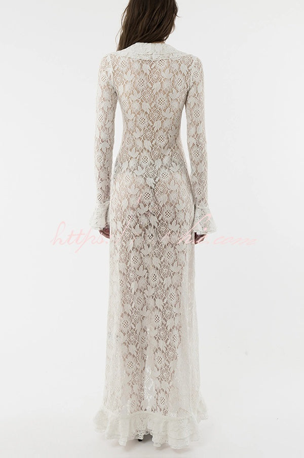 Héloïse | Robe longue à col revers en dentelle florale, volants et manches évasées