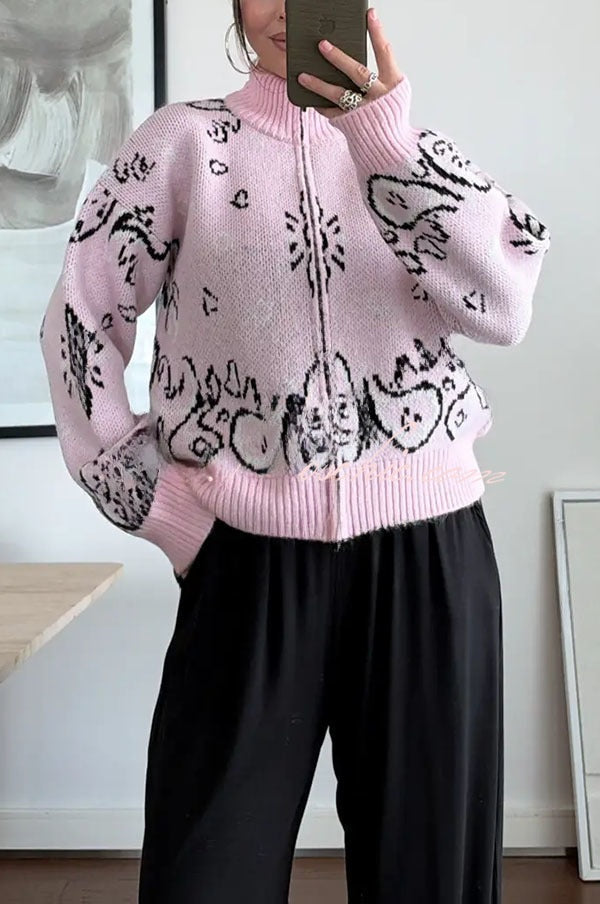 Clémence | Gilet ample à col haut zippé en maille à imprimé bandana