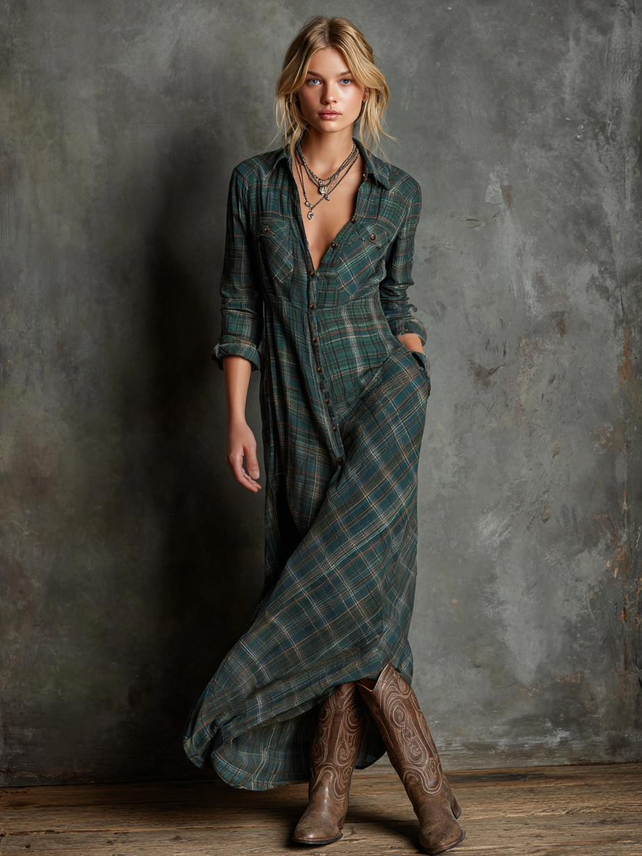 Ombeline | Robe chemise longue à carreaux, boutonnée sur le devant, à manches longues pour femme