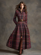Margaux | Robe longue à revers et carreaux brun rougeâtre, style ethnique rétro