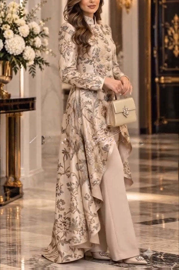 Léonie | Ensemble fleuri haut à col montant boutonné à ourlet asymétrique et pantalon large