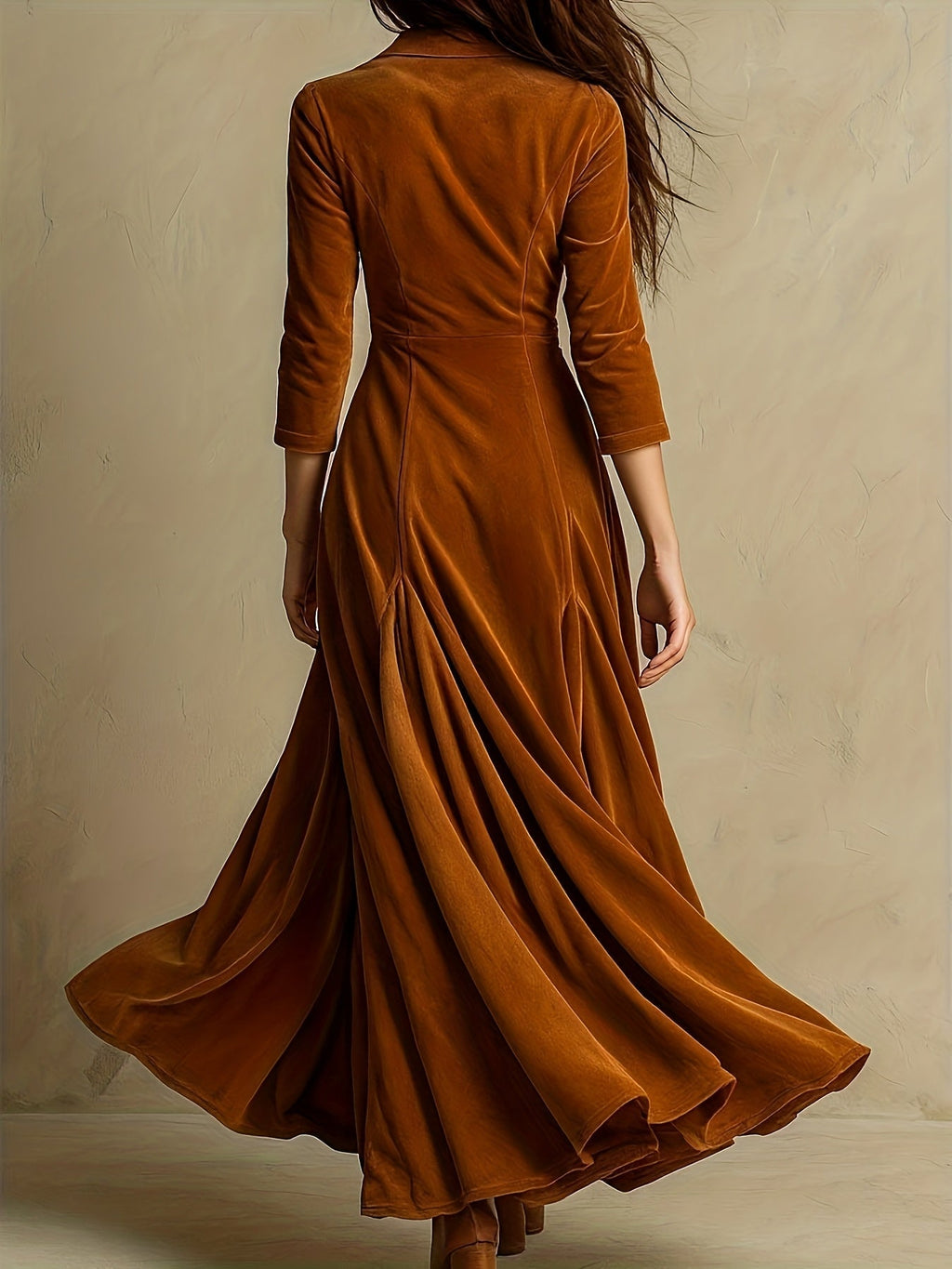 Hermance | Robe mi-longue à col chemise et décolleté en V, boutonnée devant, manches 7/8 pour femme