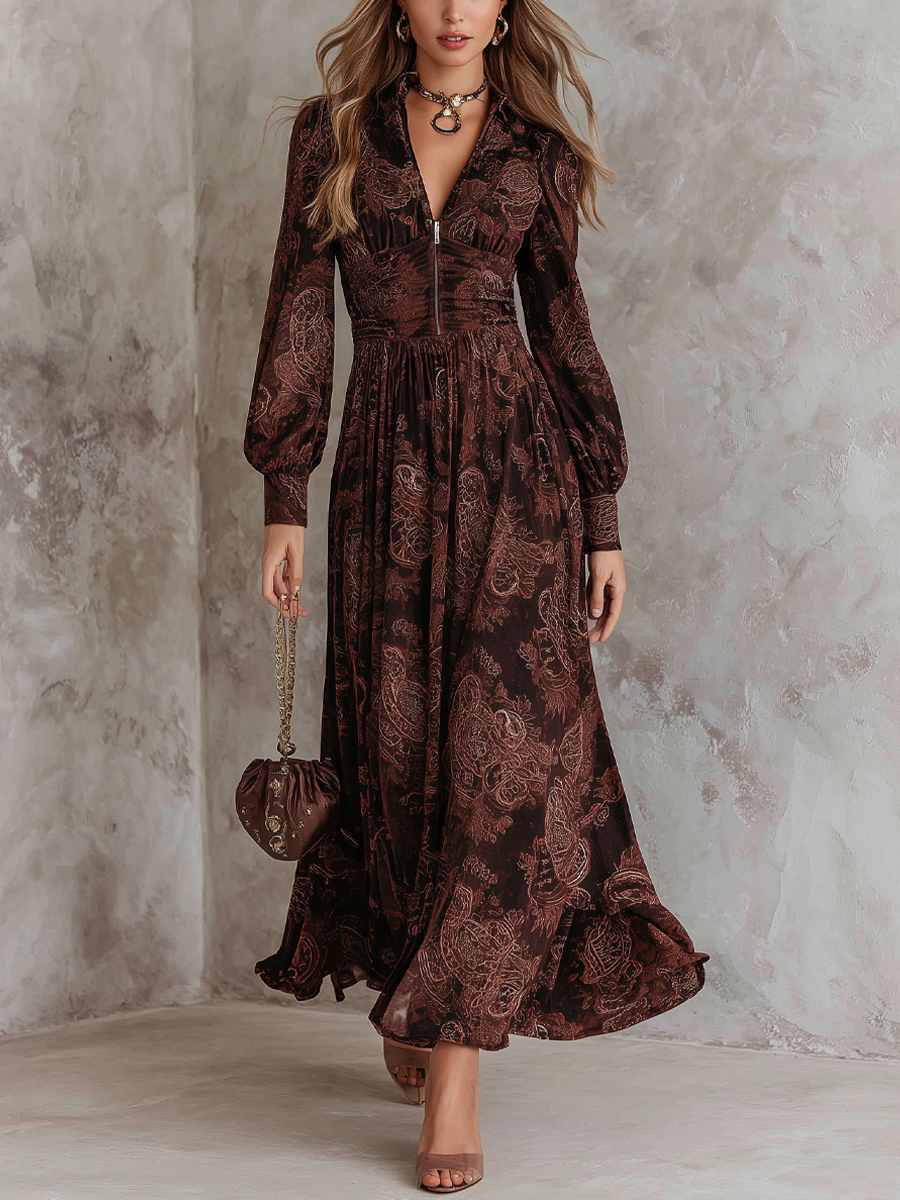 Éloïse | Robe longue à manches longues avec taille zippée et motif cachemire pour femme