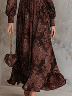 Oriane | Robe longue marron taille haute avec zip et motif cachemire.