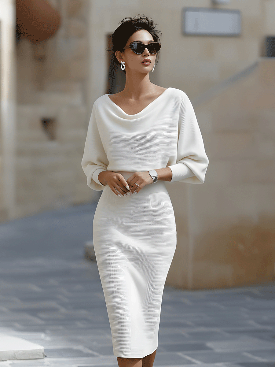 Camille | Robe Midi Drapée Blanche à Manches Chauve-Souris