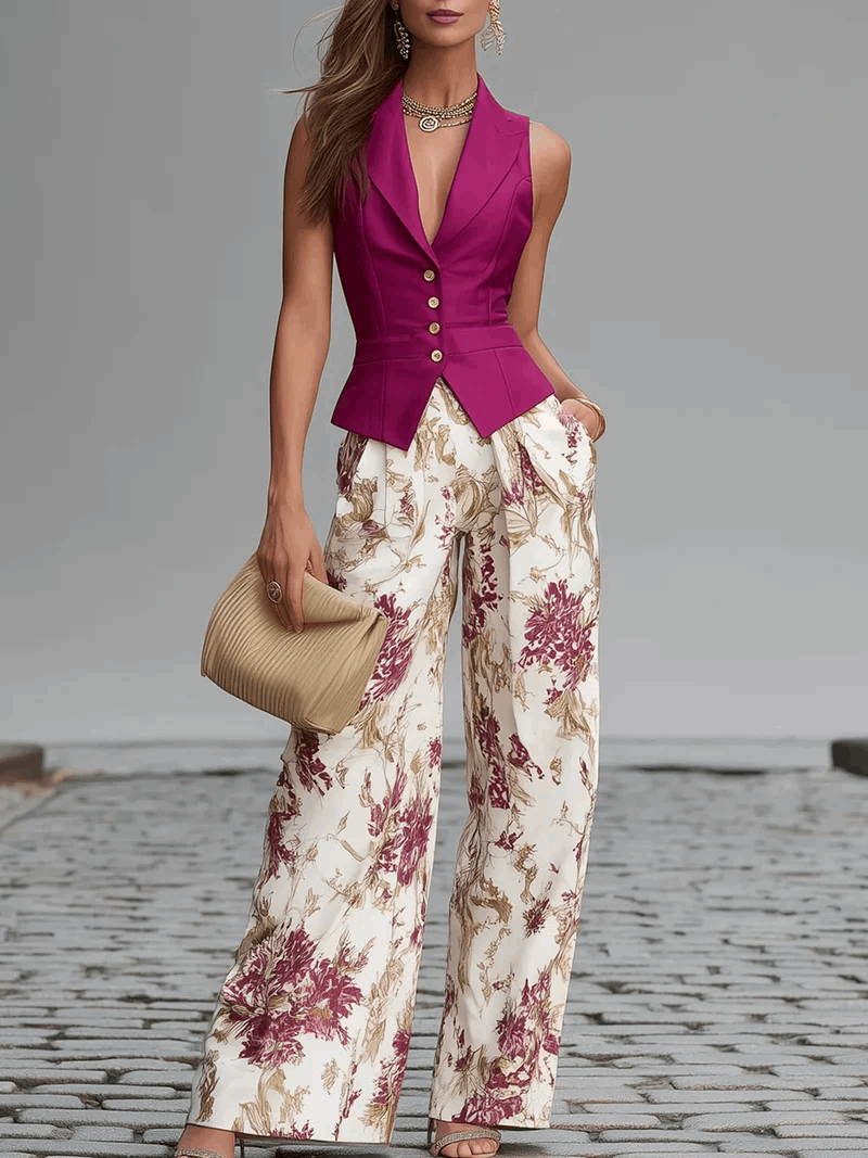 Aurora | Conjunto blazer sin mangas y pantalón ancho floral