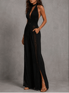 Minerva | Mono de una pieza estilo bohemio elegante con paneles de encaje negro, cintura fruncida y pernera ancha.