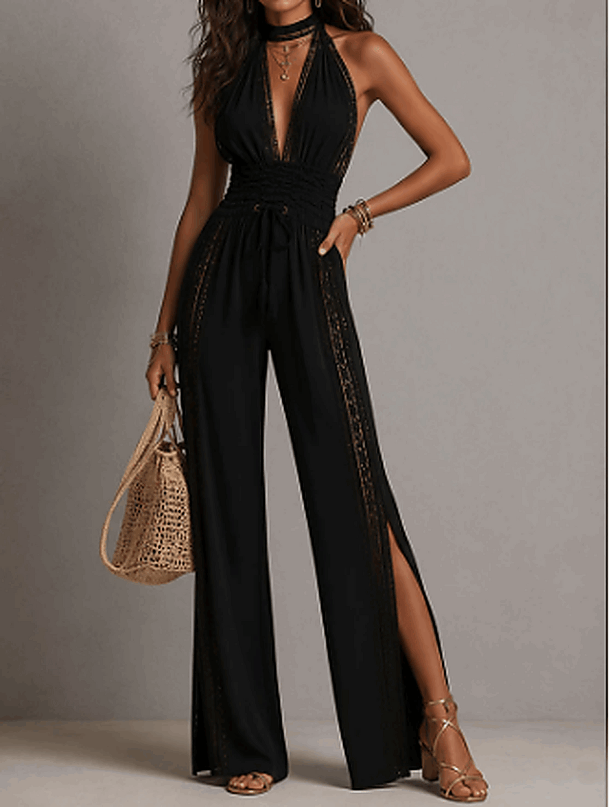 Minerva | Mono de una pieza estilo bohemio elegante con paneles de encaje negro, cintura fruncida y pernera ancha.
