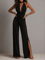 Minerva | Mono de una pieza estilo bohemio elegante con paneles de encaje negro, cintura fruncida y pernera ancha.