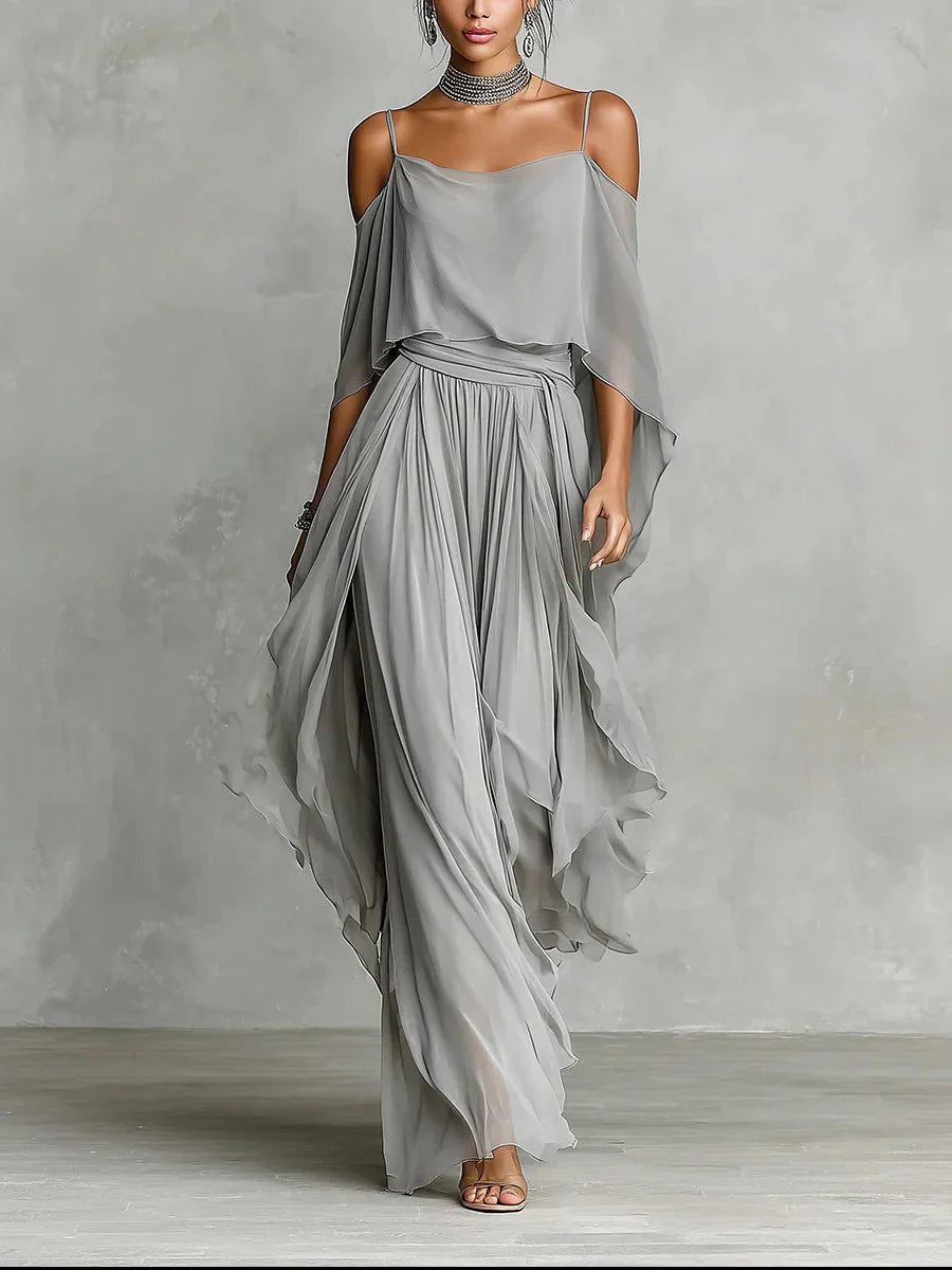 Philippine | Ensemble fluide gris, top à fines bretelles et pantalon léger