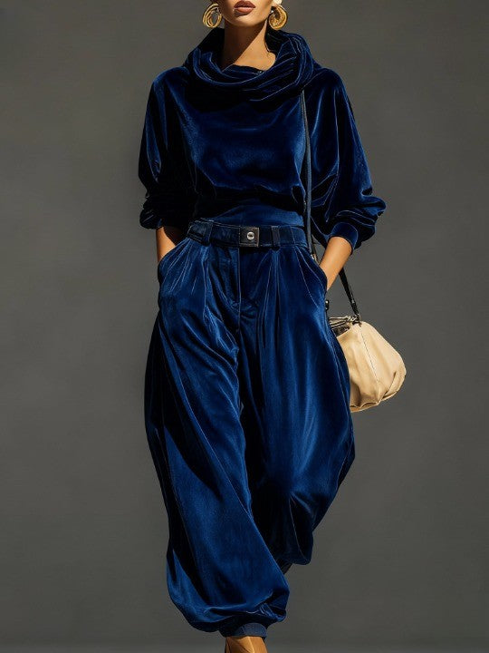 Gabrielle | Ensemble vintage marron en velours : sweat à capuche et pantalon ample (ceinture incluse)