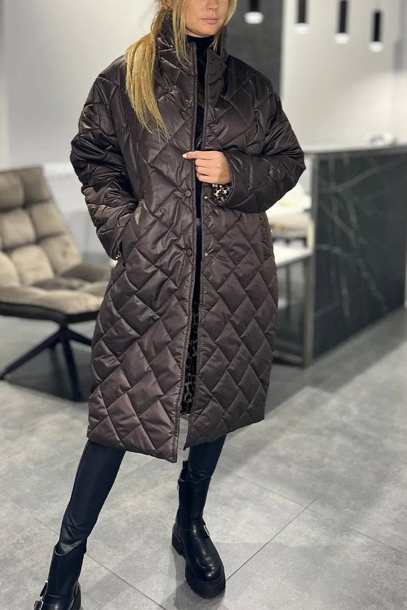 Olive™ | Manteau matelassé mi-long réversible avec doublure léopard
