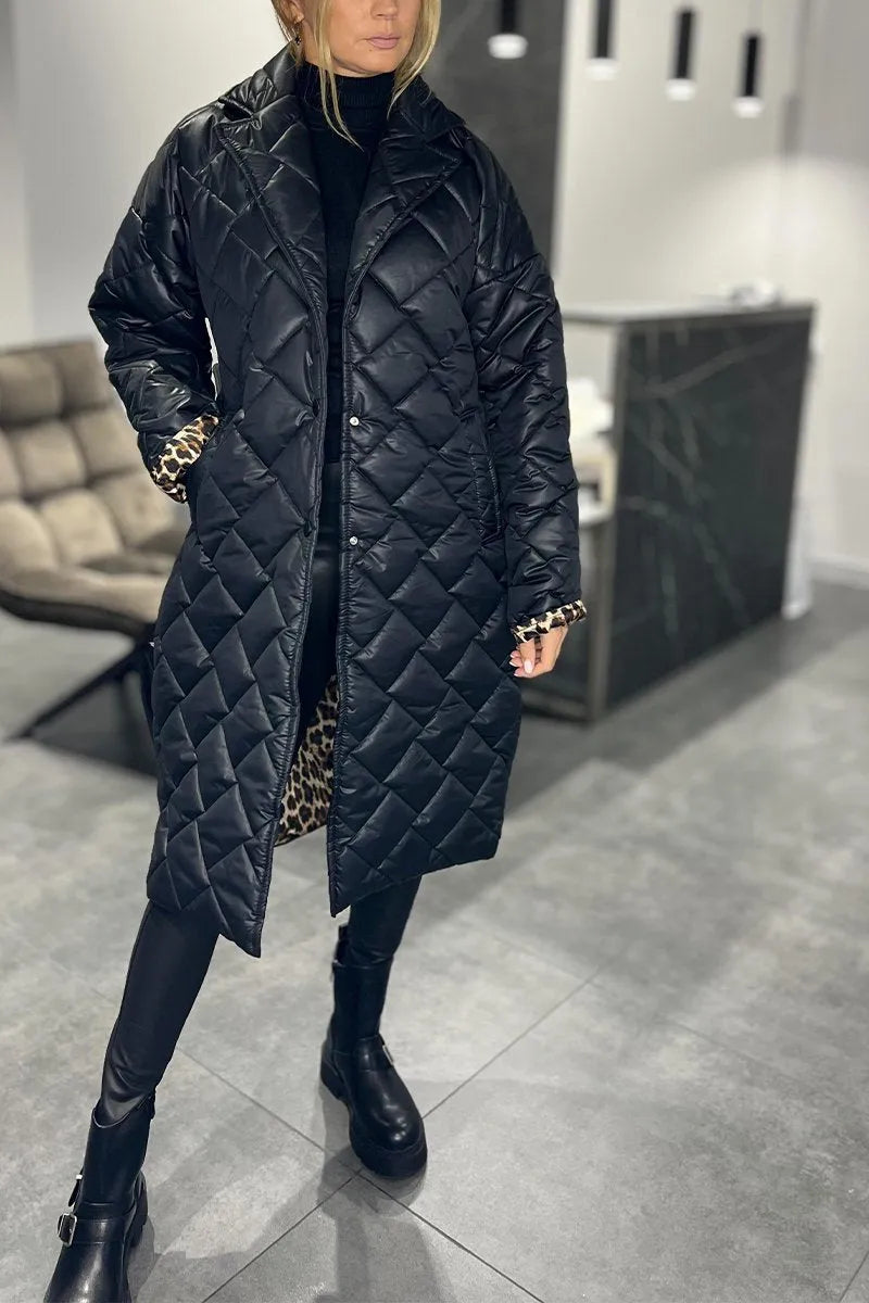 Olive™ | Manteau réversible matelassé mi-long avec doublure léopard