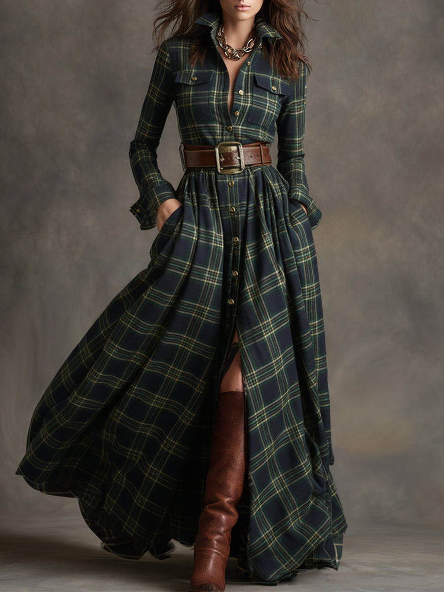 Margaux | Robe longue à revers et carreaux brun rougeâtre, style ethnique rétro
