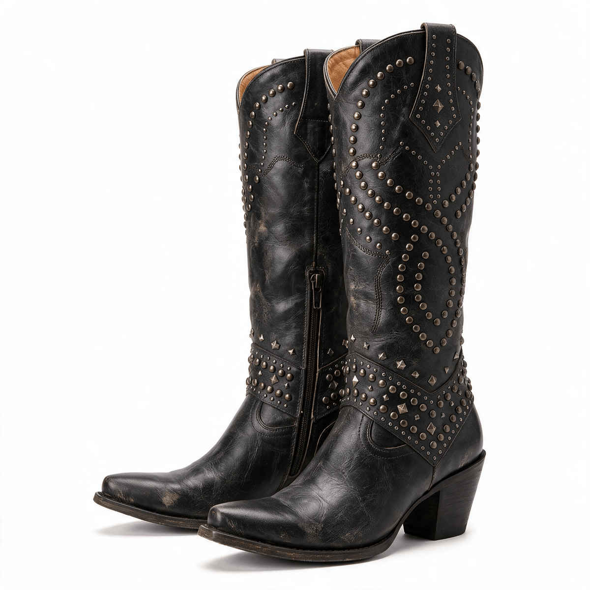 Évelyne | Bottes hautes à clous, bout pointu et talon bloc mi-haut