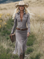 Camille | Robe mi-longue western rétro à revers, zippée, manches longues et franges