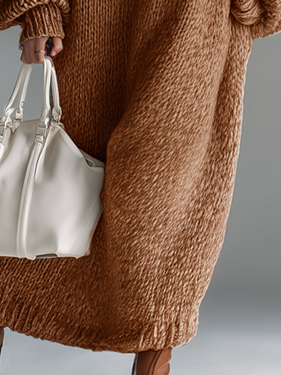 Ysaline | Robe longue élégante en maille chinée kaki à col rond
