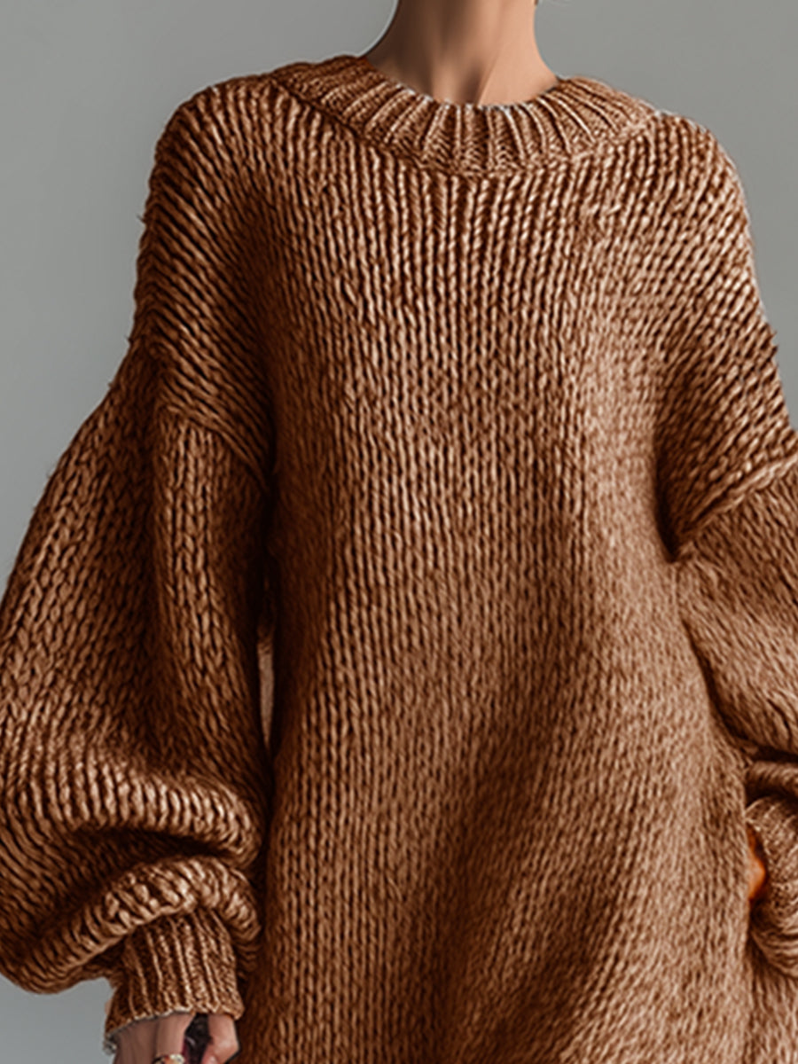 Ysaline | Robe longue élégante en maille chinée kaki à col rond