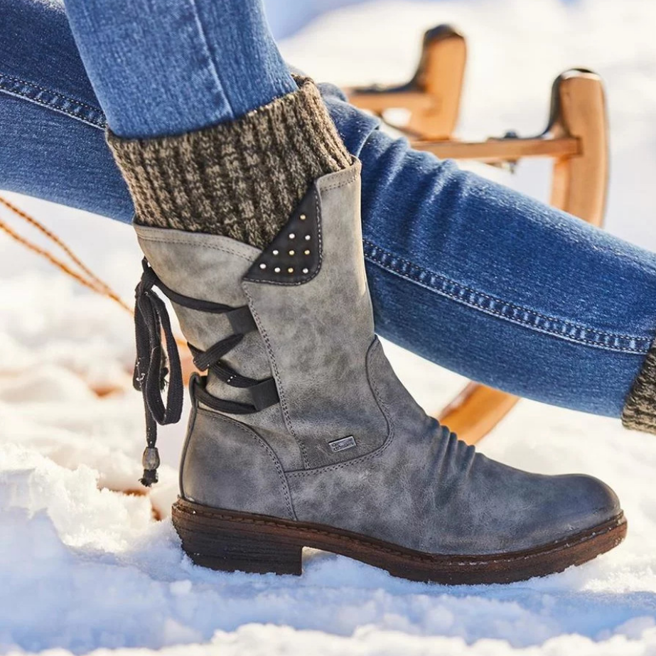 Renée | Bottes mi-mollet à revers en maille et lacets au dos
