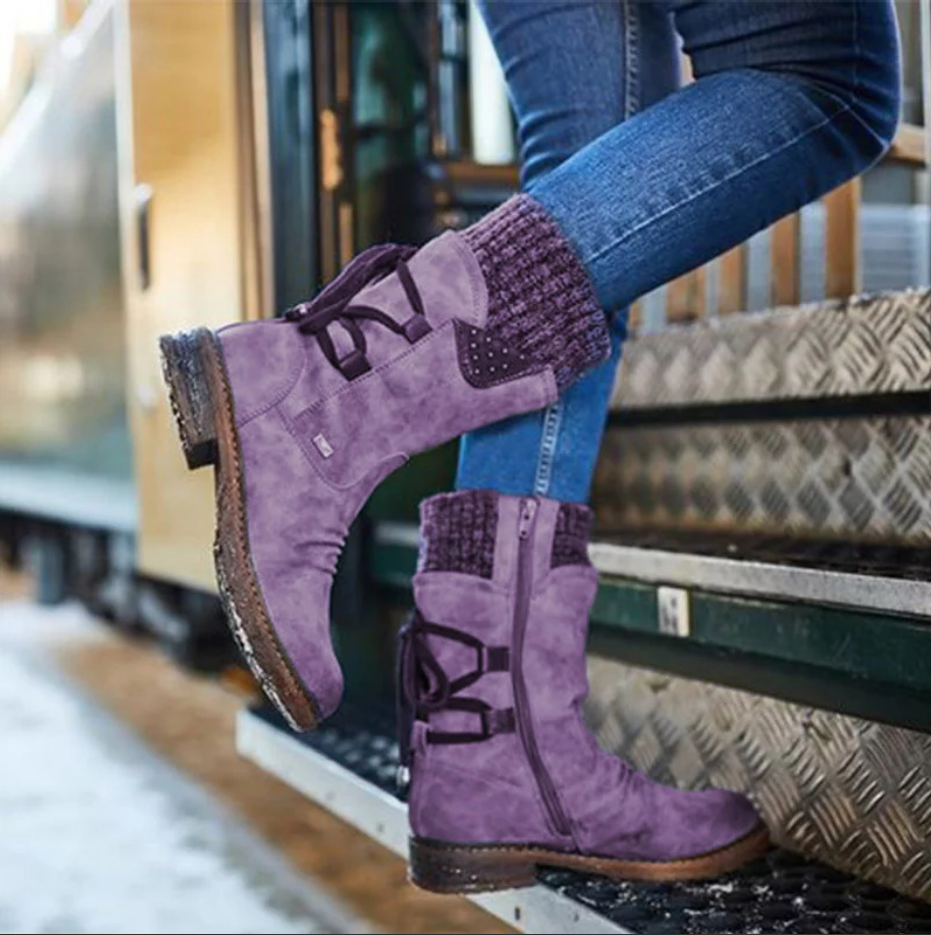 Renée | Bottes mi-mollet à revers en maille et lacets au dos