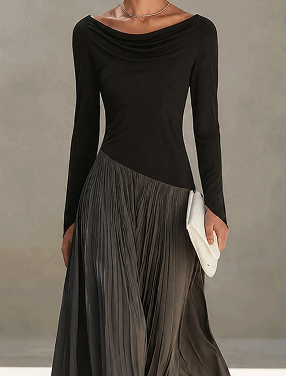 Nora | Vestido Largo Drapeado con Falda Plisada