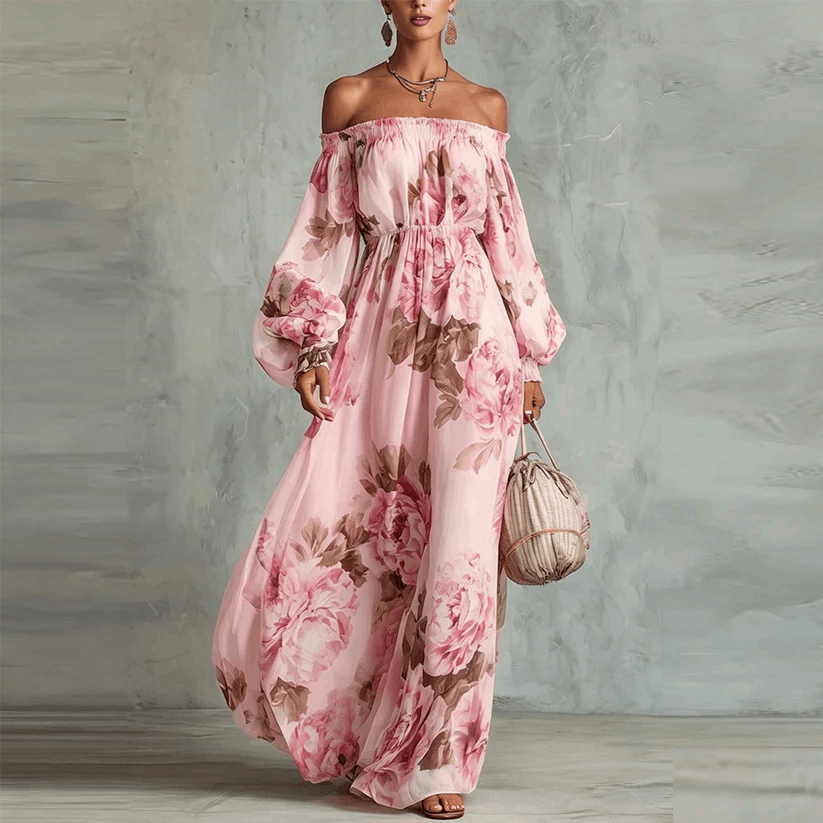 Rosalía | Vestido Maxi Estampado con Escote Off-Shoulder