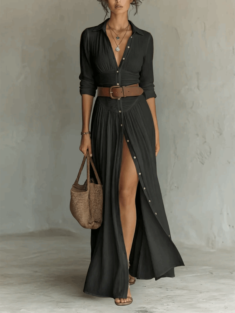 Vega | Vestido camisero maxi con abertura y cinturón