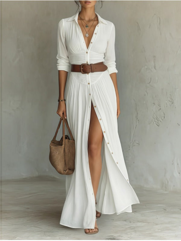 Fanny | Robe chemise maxi fendue avec ceinture