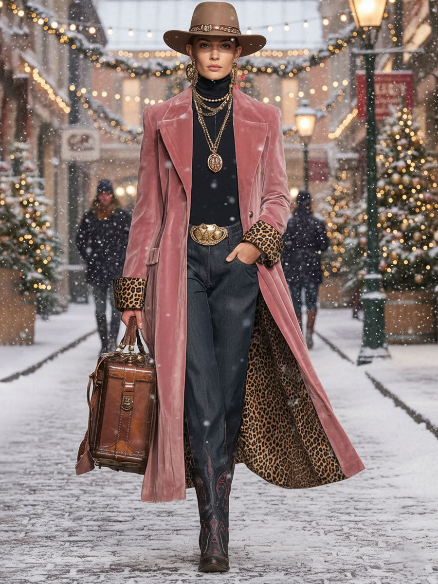 Élodie | Manteau en velours à revers, simple boutonnage et imprimé léopard